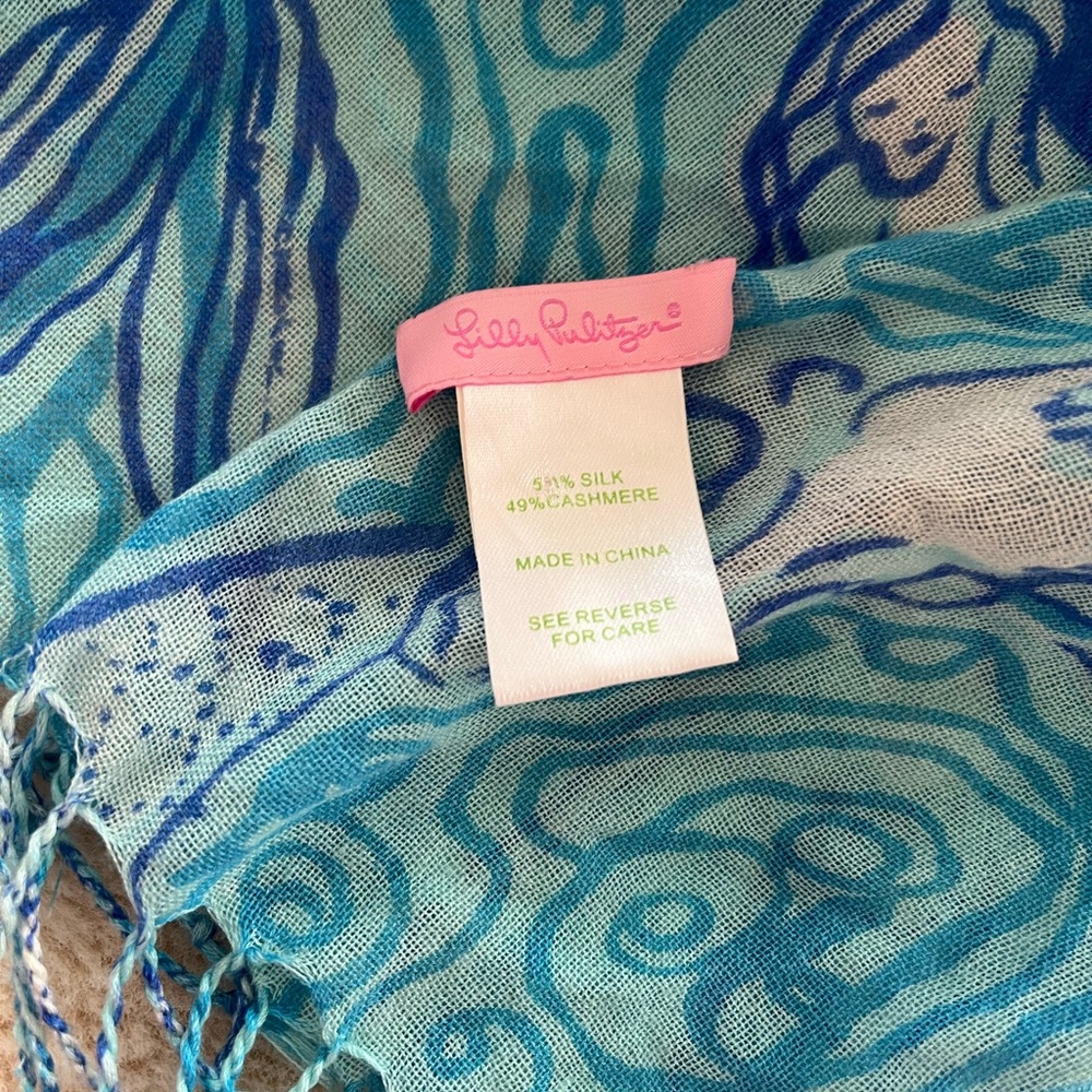 Lilly Pulitzer Blue Teal Swirl Silk-Cashmere Scarf - Picture 2 of 15